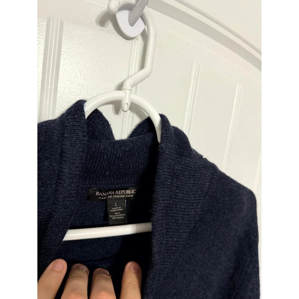 Banana Republic Wool Sweater Mens L Hooded Italian Yarn Navy Blue Pullover EUC